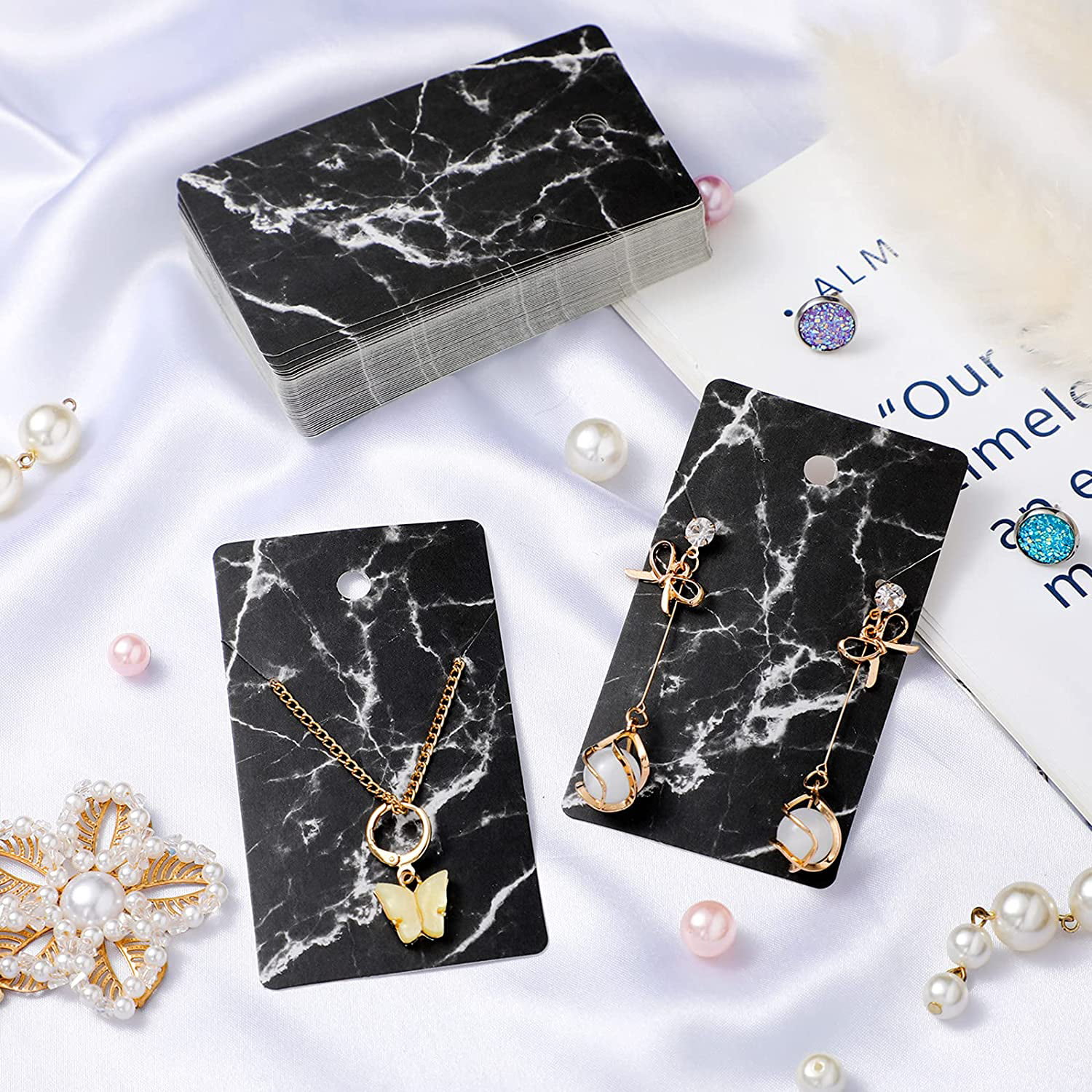 500 Pieces Marble Earring Necklace Display Card Holder Set Include 100 Pieces 3.5 x 2 Inch 100 Pieces 4.7 x 2 Inch Jewelry Display Cards 200 Pieces Earring Backs 100 Self-Seal Bags for Jewelry Packing 