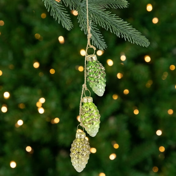 Northlight Dangling Pine Cone Christmas Glass Ornament - 7" - Lime Green and White