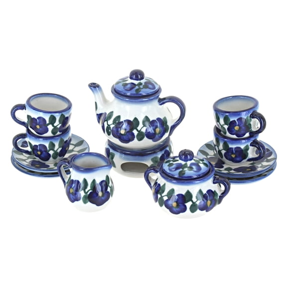 Blue Rose Polish Pottery Violets Miniature Tea Set