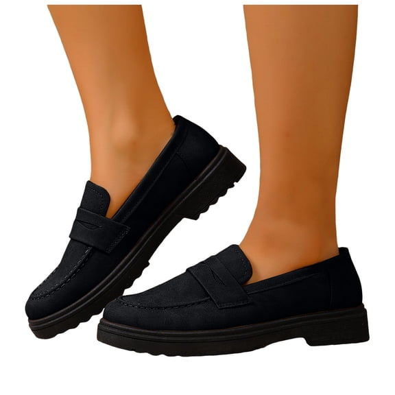 Rokment Womens Slip on Penny Loafers 2026 Spring Fall Fashion Casual Classic Suede Solid Color Low Heel Oxfords Dress Walking Shoes Black Size 6.5