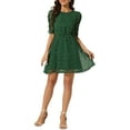 thumbnail image 2 of INSPIRE CHIC Women's Round Neck Ruched Sleeve Metallic Shiny Stars Dress Dark Green M, 2 of 5