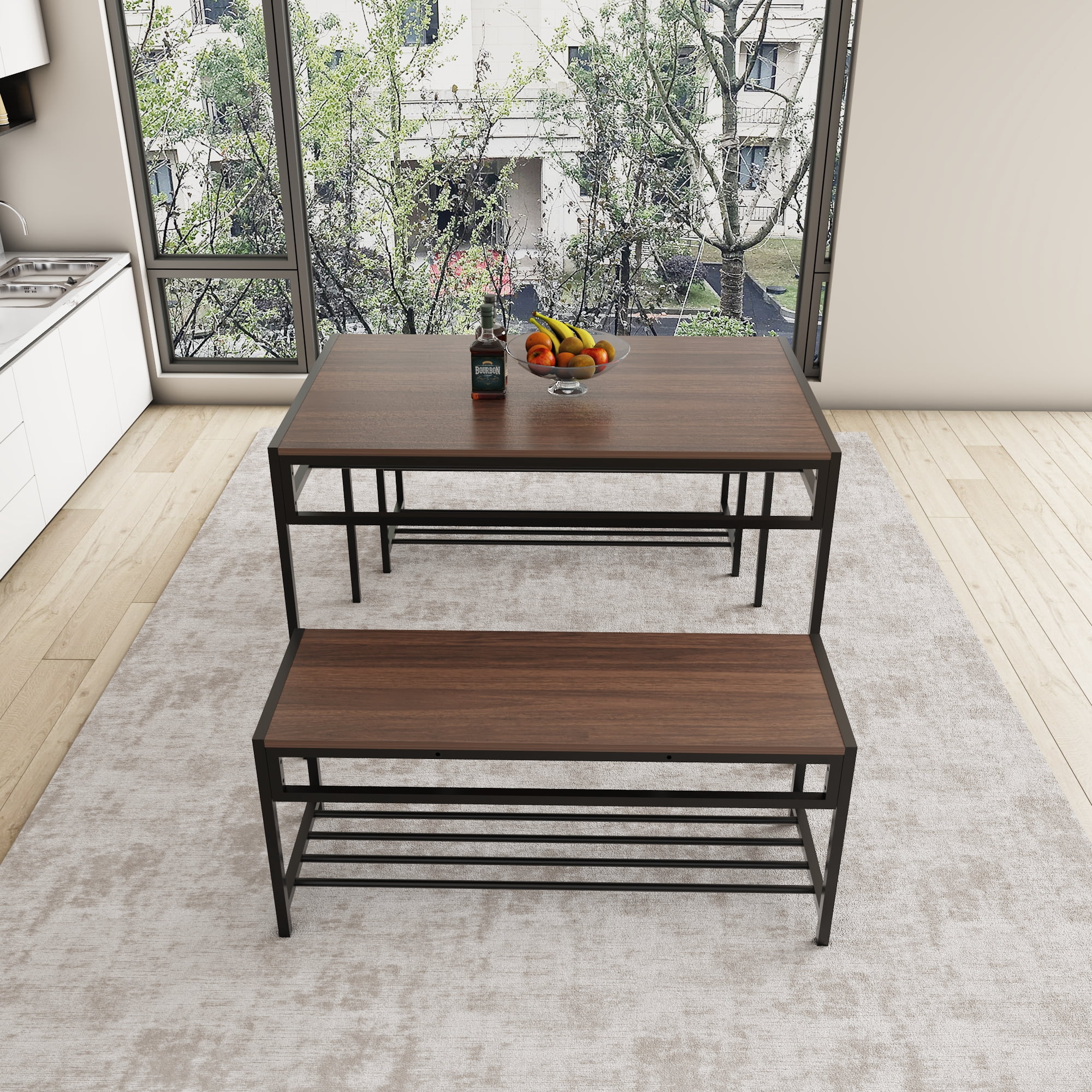 HOQBN Industrial 3 Piece Dining Table Set with 2 Benches,Rectangular Wood Grain Kitchen Table with Built-in Wine Storage Rack, Space Saving Dinner Furniture for Small Apartment Home,Walnut Brown