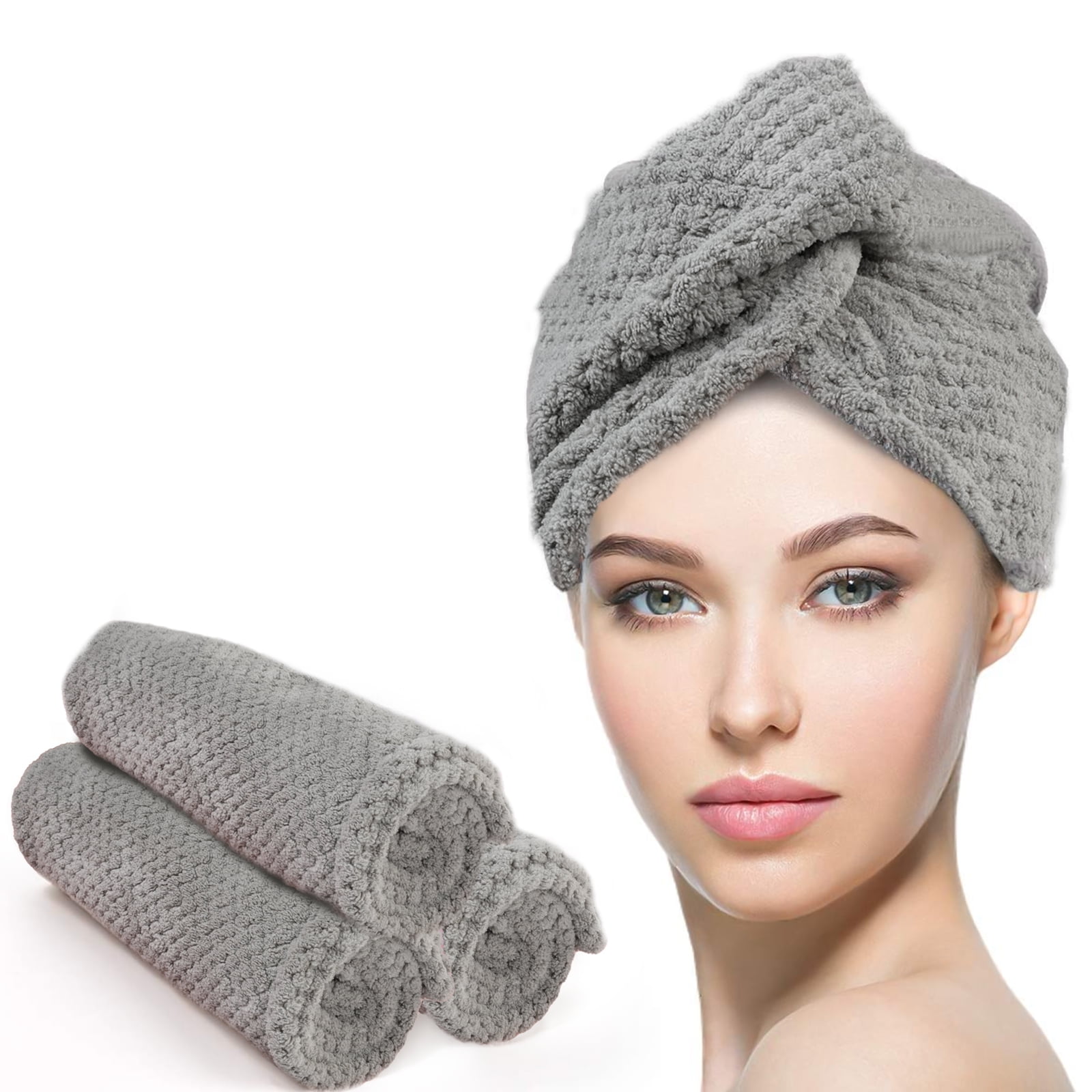 Microfiber Hair Towel, MoHern 3Pcs Super Absorbent Quick Hair Drying Towels for Long & Thick Hair (Gray)