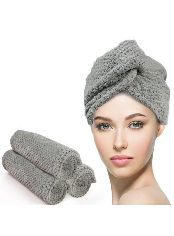 Microfiber Hair Towel, MoHern 3Pcs Super Absorbent Quick Hair Drying Towels for Long & Thick Hair (Gray)