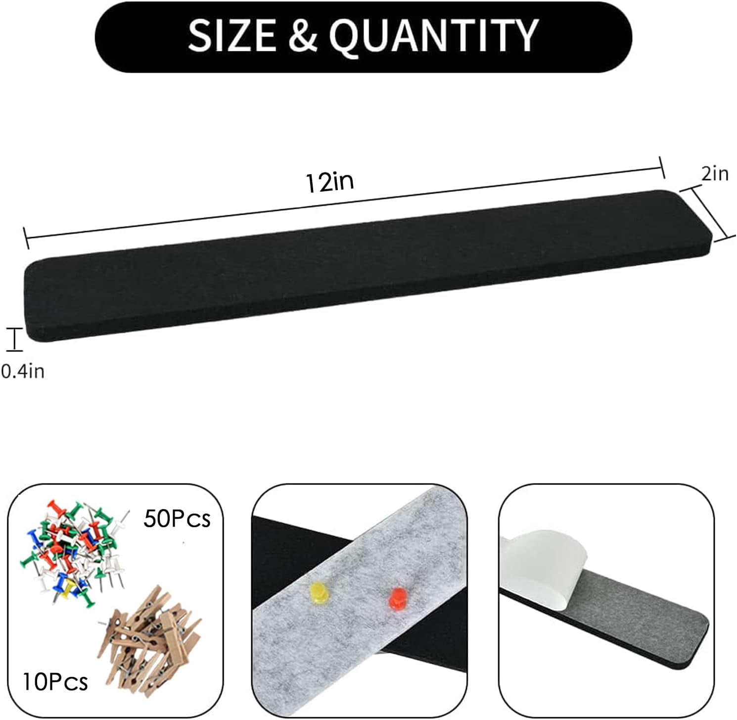 8 pcs Bulletin Board Bar Strips with 50 Pushpins & 10 Wooden Clip pins，Self Adhesive Cork for Wall，Felt Pin School，Office Decor（Black White Grey）