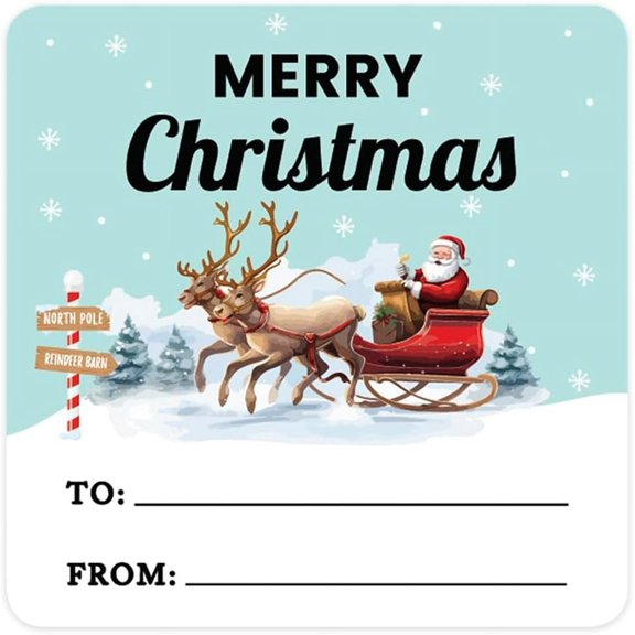 2" Square Christmas To From Stickers For Gifts, Christmas Gift Tags Stickers Merry Christmas Light Blue Background with Santa & Reindeers Christmas Labels For Gifts, 40-Pack