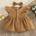 thumbnail image 2 of 2Pcs Bébé Enfant en Bas Âge Fille Robe Romper Cou Mouche Manche Bouton vers le Bas Arc Bandeau Ensemble Kaki 3-4 Ans, 2 of 7