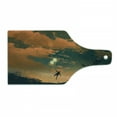 thumbnail image 1 of Fantasy Cutting Board, Flying Man with Balloons in Sky Starry Night Freedom Fun Theme Illustration, Tempered Glass Cutting and Serving Board, Wine Bottle Shape, Orange Ash Grey, by Ambesonne, 1 of 1