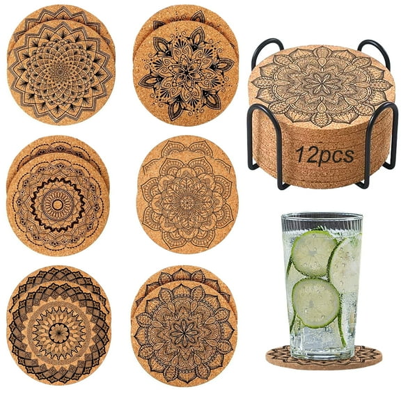12pcs Cork Coasters with Holder, Mandala Pattern Absorbent Reusable Drink Coasters for Home, Office, Bar, Restaurant