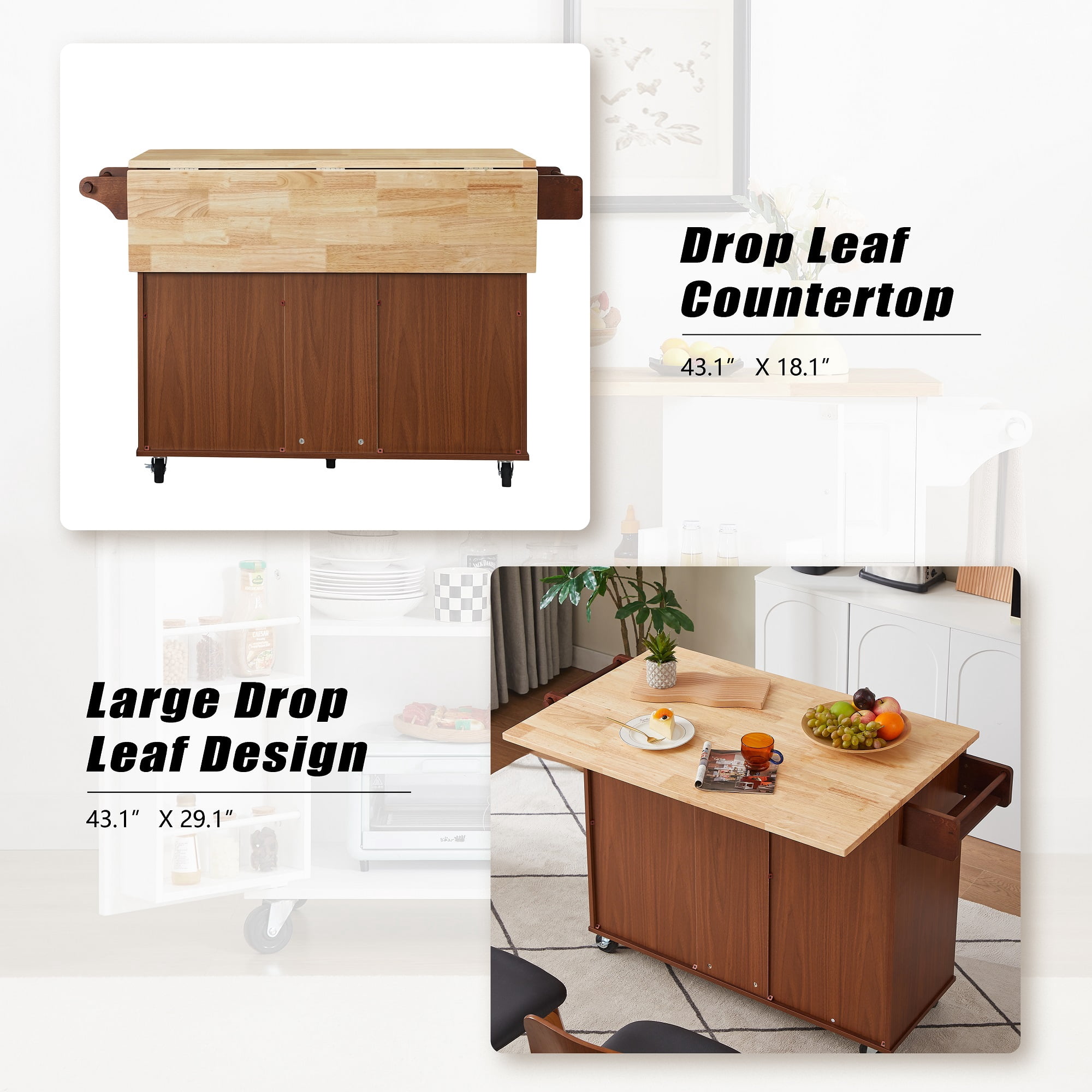 Kitchen Island with Countertop, Rolling Kitchen Island Cart Barn Door Table with Storage Cabinet On Wheels for Kitchen