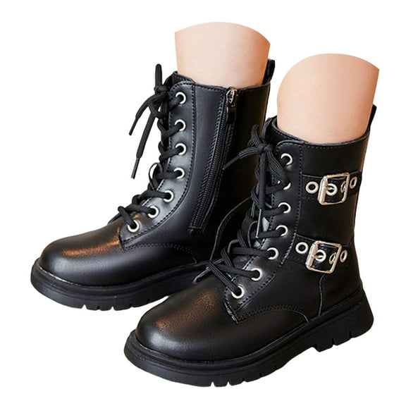 BOBOGOJP Girls Boys Ankle Boots Side Zipper Combat Shoes with Lace Up for Toddler/Little Kid/Big Kid Black for Size 12.5