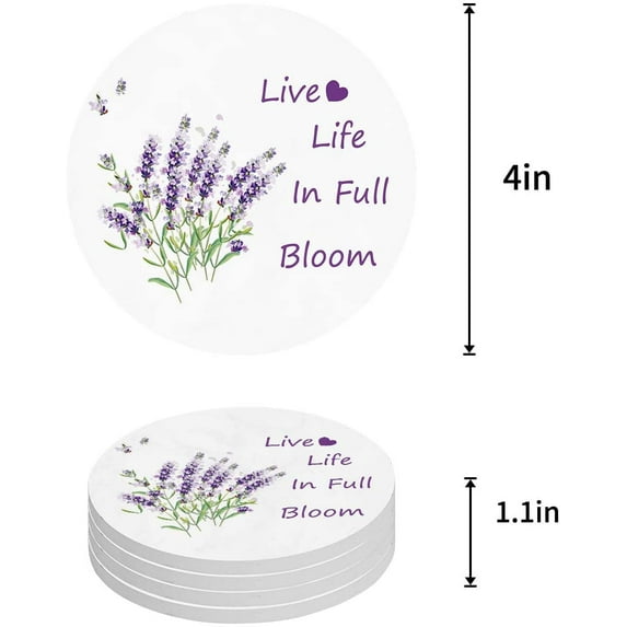 FMSHPON Hand Drawn Purple Lavender White Set of 8 Round Coaster for Drinks, Absorbent Ceramic Stone Coasters Cup Mat with Cork Base for Home Kitchen Room Coffee Table Bar Decor