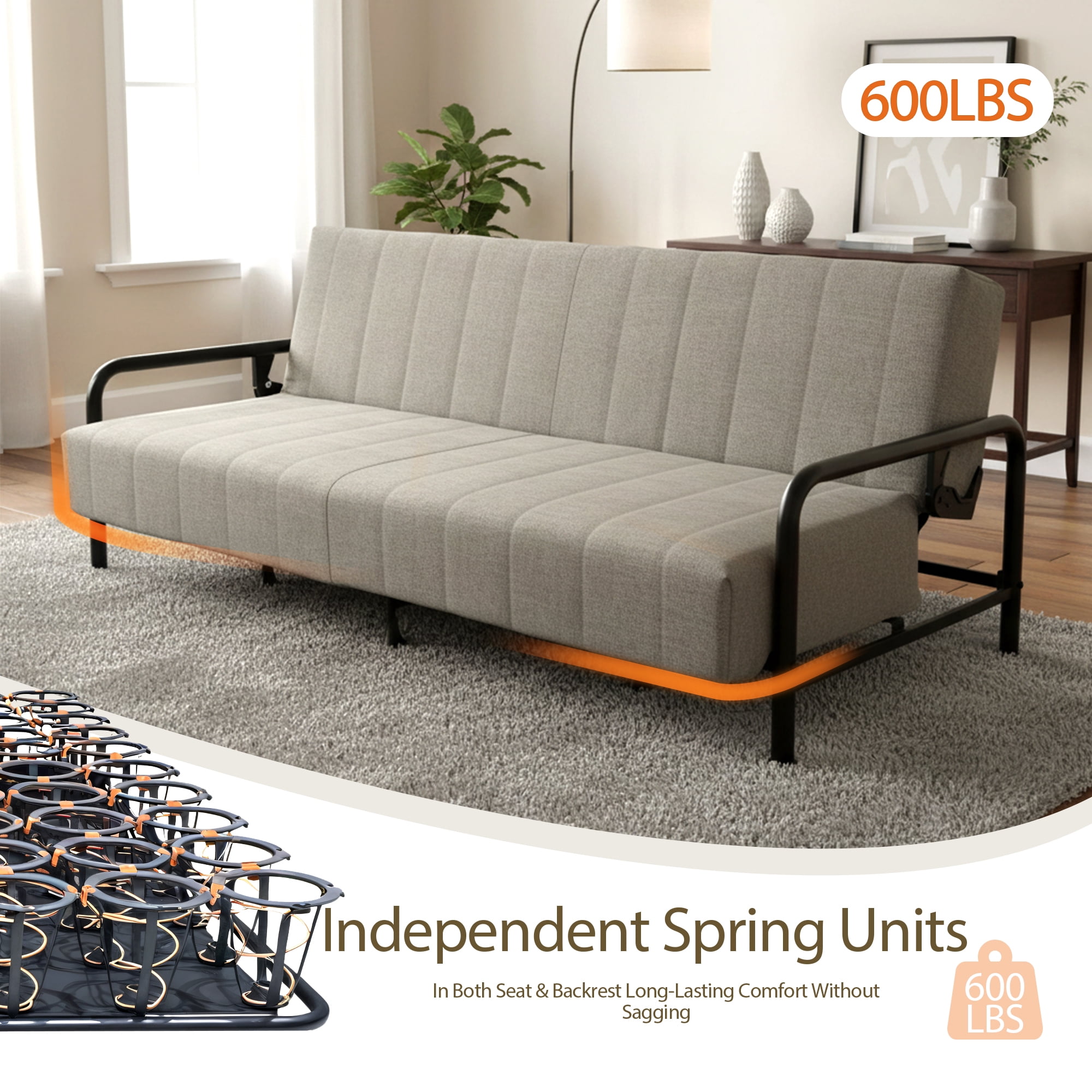 Homy Casa 3-Seat Sofa Bed with Independent Spring Seat & Adjustable Backrest, 600 lbs Capacity