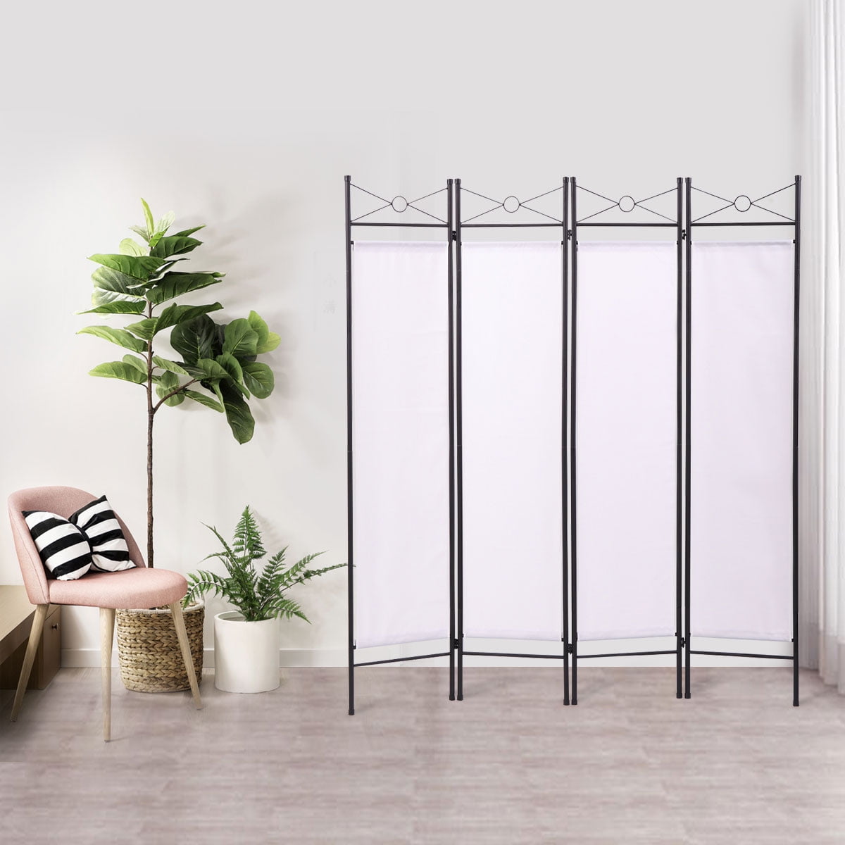 Jaxpety 4 Panel Steel Room Divider Screen White Fabric Folding