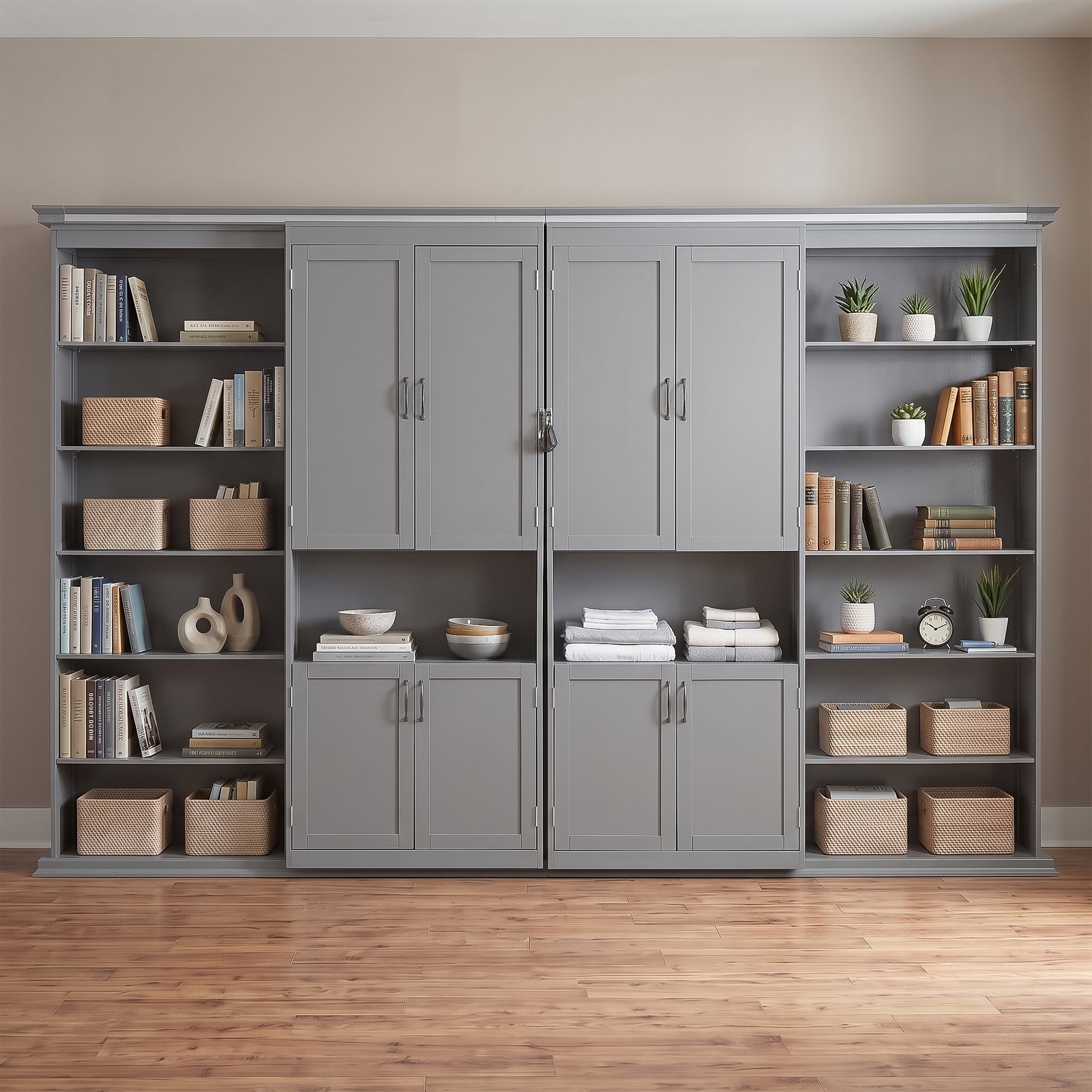 Queen Size Murphy Bed with Dual Sliding Storage Cabinets, 6-Tier Open Shelves, Space-Saving for Small Space, Guest Room