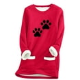thumbnail image 3 of Feancey Women's Fleece Lined Tops Winter Warm Sherpa Lined Crewneck Pullover Cute Cat Paw Print Loungewear Long Sleeve Thermal Tunic Tops with Pockets Red M, 3 of 4