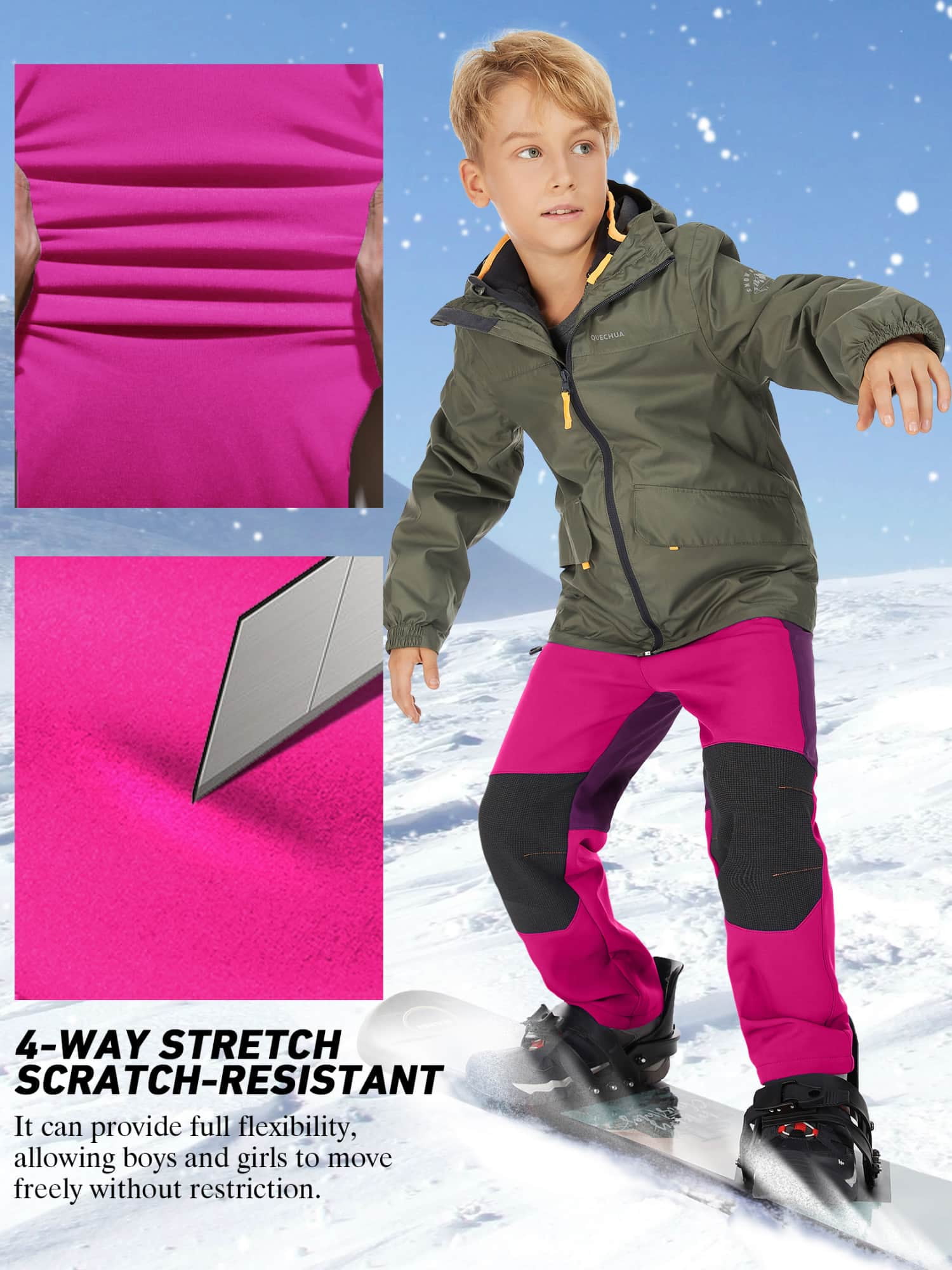 FEN AI Girls Ski Snow Pants Windproof Waterproof Hiking Pant Expandable Waist Soft Shell Winter Warm Insulated Trousers Rose Red Size 14-16