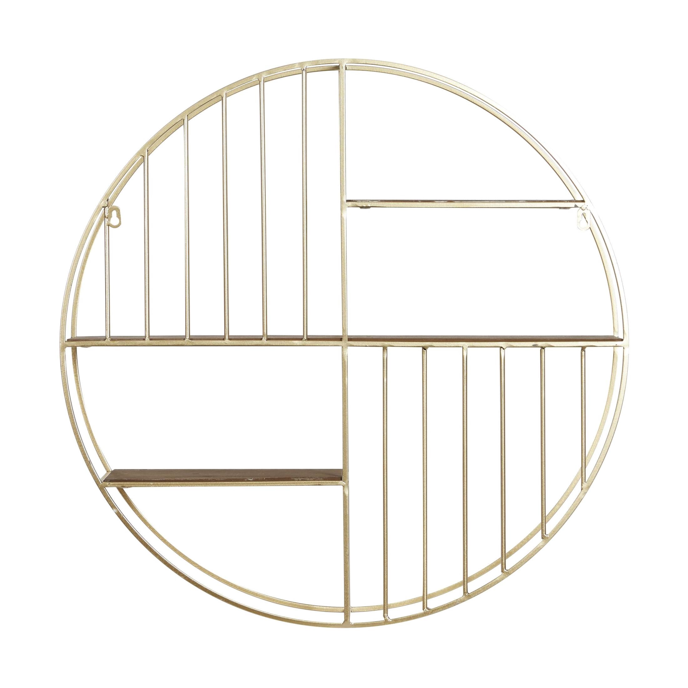 DecMode Gold Modern Iron Round Wall Shelf with Natural Brown Shelf Finish , 28"W x 28"H