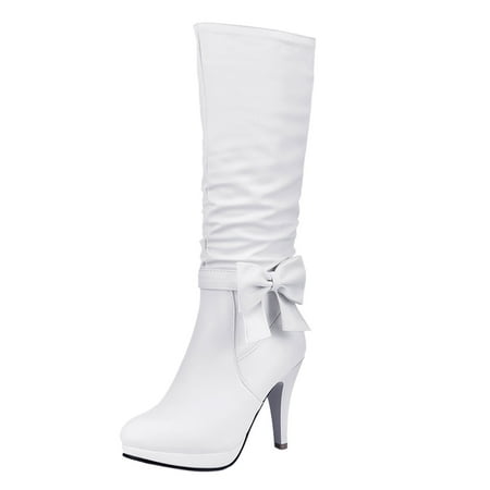 

nsendm Female Shoes Adult Winter Boots for Women Knee High Bows Thick Heel High Heeled High Boots Leather Shoes Boot Socks Women Thick Knee High White 8