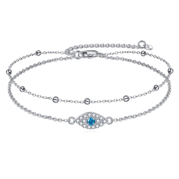 925 Sterling Silver Evil Eye Anklets Double Layered Chain for Women Summer Beach Jewelry