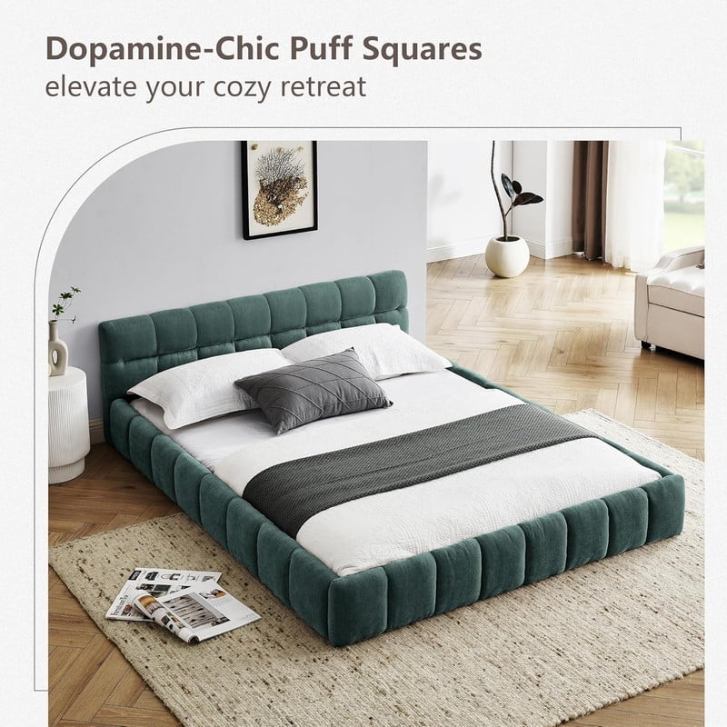 Queen Size Upholstered Platform Bed with Thick Fabric, Chenille Grounded Bed with Headboard and Solid Frame, No Box Spring Needed