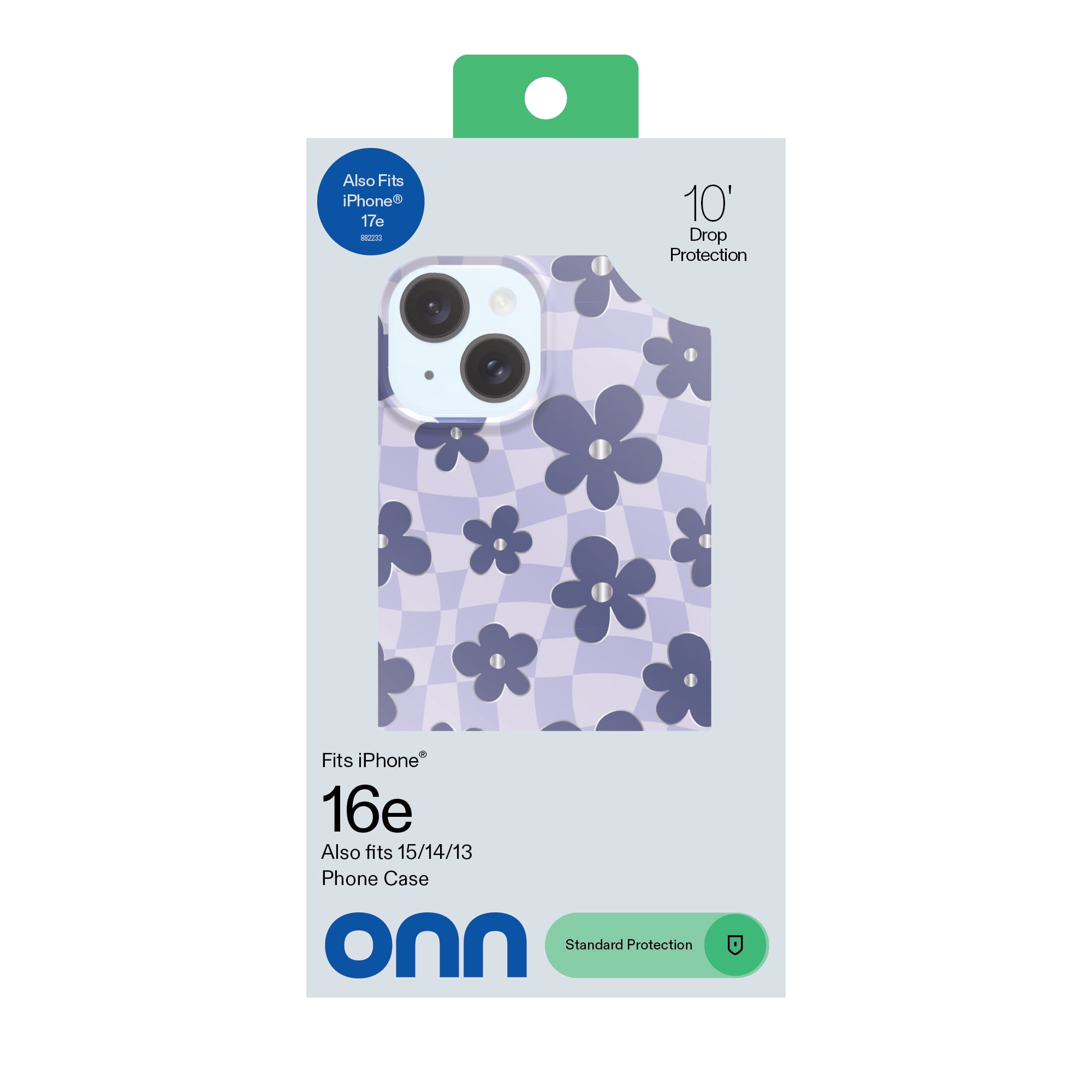 onn Purple Checkered Floral Phone Case for iPhone 17e / iPhone 16e / iPhone 15 / iPhone 14 / iPhone 13