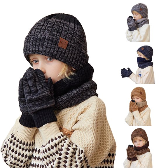HNMKIU Winter Knitted Woolen Children Hat Scarf Three Piece Set with Ear for Big Kids 4-10 Years Warm Outdoor Accessory Black - One Size