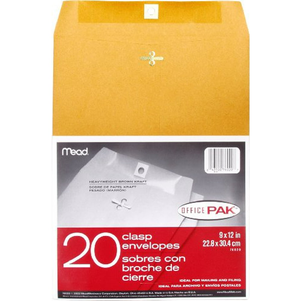 Mead Clasp Envelopes, 9" x 12", Brown Kraft, Office Pak, 20 per Box