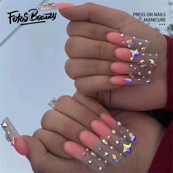 Fofosbeauty 24pcs Press on False Nail Tips Long Coffin Full Cover Fake Nails, Sparkle Diamonds in Gradual Pink