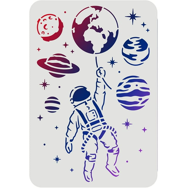 Plantilla de astronauta de 29,7 x 21 cm (11,7 x 8,3 pulgadas), de plástico, con temática del espacio exterior. Set de dibujo y pintura con patrón de estrellas del planeta Tierra. Reutilizable.