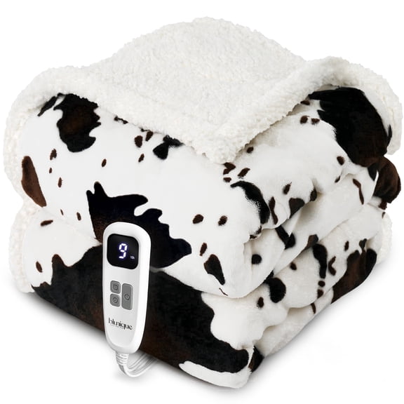 Blunique Electric Heated Blanket 50"x60", Flannel & Sherpa, 10 Heat Levels 4 Time Settings, Giftable Home Decor Throw, Cow Print White