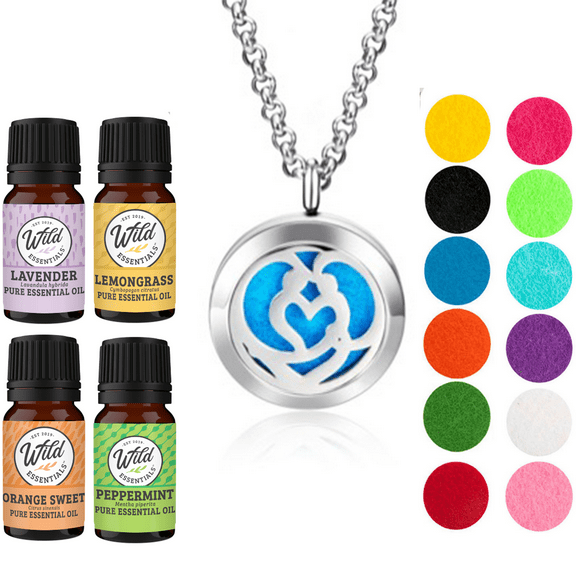 Wild Essentials Couple’s Heart Necklace Essential Oil Diffuser Kit With Lavender, Lemongrass, Peppermint, Orange Oils, 8 Refill Pads, Calming Aromatherapy Gift Set, Customizable Color Changing, Perfum