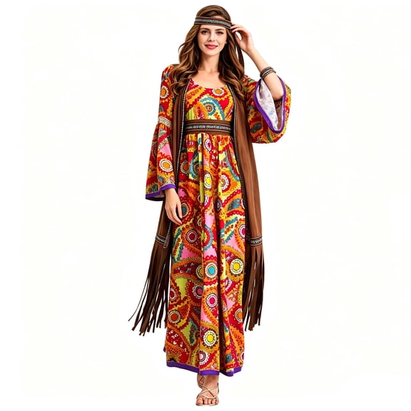 Women's 60s 70s Hippie Costume Set, Retro Boho Long Maxi Dress with Fringe Cardigan & Headband, Halloween Cosplay Party Outfit for Women