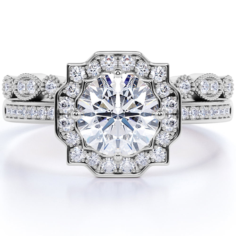 JeenMata 1.5 Carat Round cut Moissanite Wedding Set in 18k White Gold Over Silver