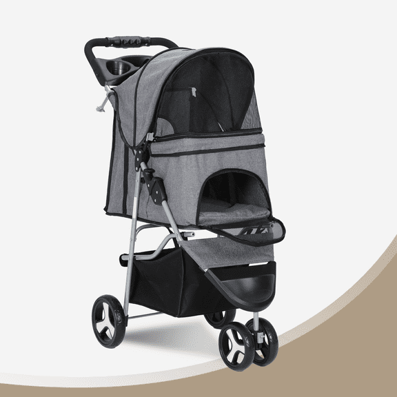 BEZT Gray Foldable 3-Wheel Pet Stroller for S/M Cats w/Storage Basket and Cup Holder
