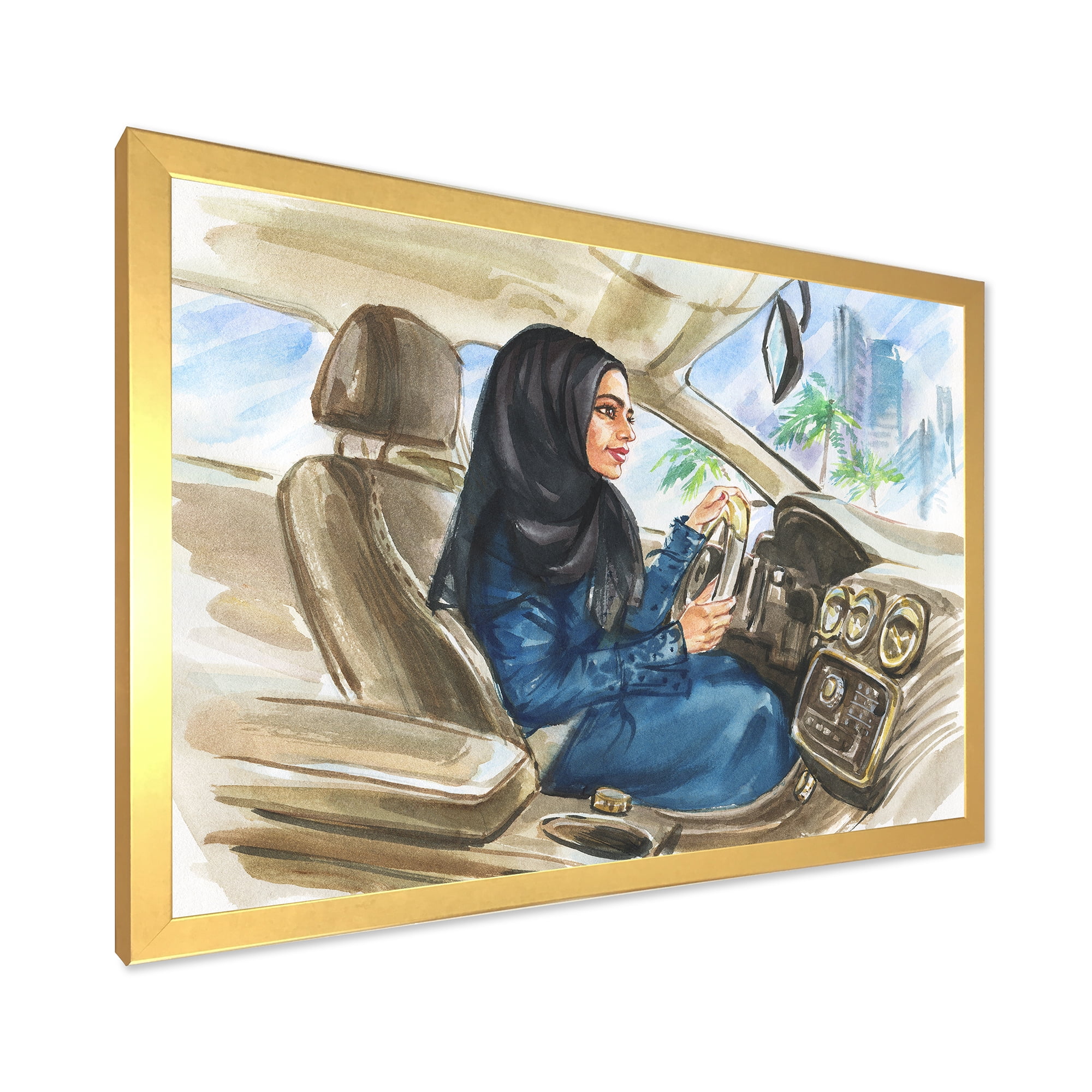 Designart 'Arabian Lady Driving A Car I' Modern Framed Art Print
