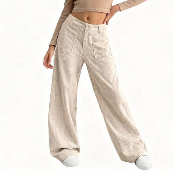 Girl's Solid Corduroy Wide Leg Pants Button Front Zipper Straight Pants with Pockets Beige 5 Years-6 Years