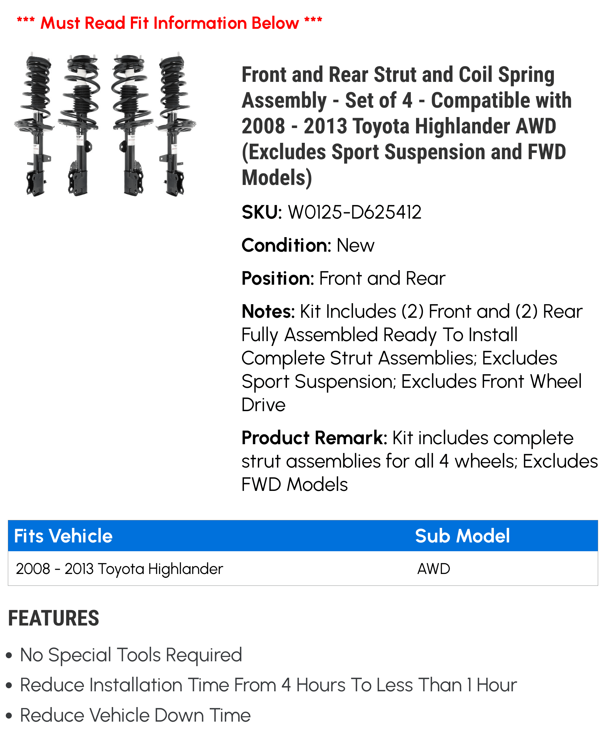 Front and Rear Strut and Coil Spring Assembly - Set of 4 - Compatible with 2008 - 2013 Toyota Highlander AWD (Excludes Sport Suspension and FWD Models) 2009 2010 2011 2012