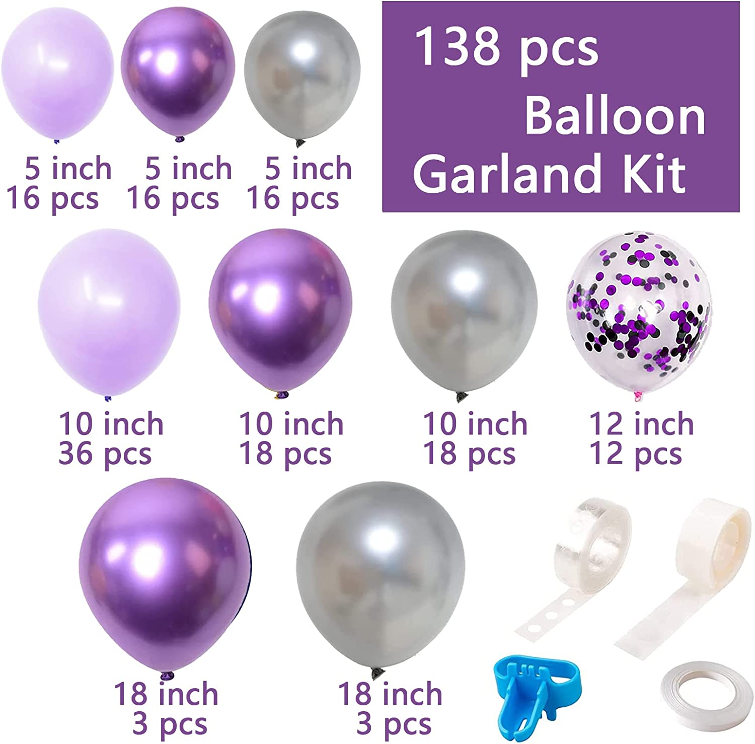 KIRIKOU 138pcs Purple and Silver Balloon Garland Arch Kit 18" 12" 10" 5" Chrome Metallic Confetti Pastel Latex Balloons for Birthday Wedding Baby Shower Party Decors
