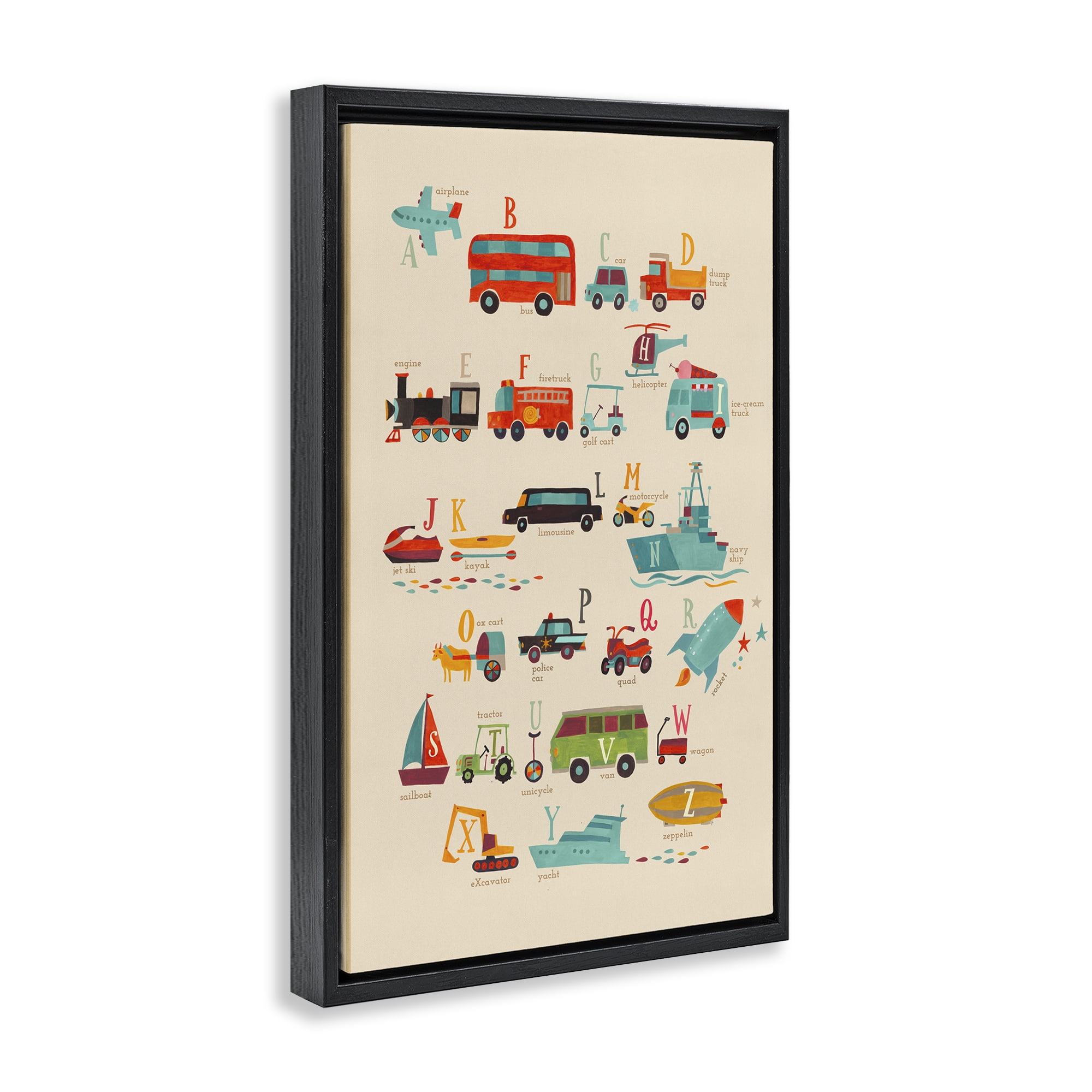 Stupell Industries Varied Transportation Alphabet Education Painting Black Floater Framed Canvas Art Print Wall Art, 17 x 25
