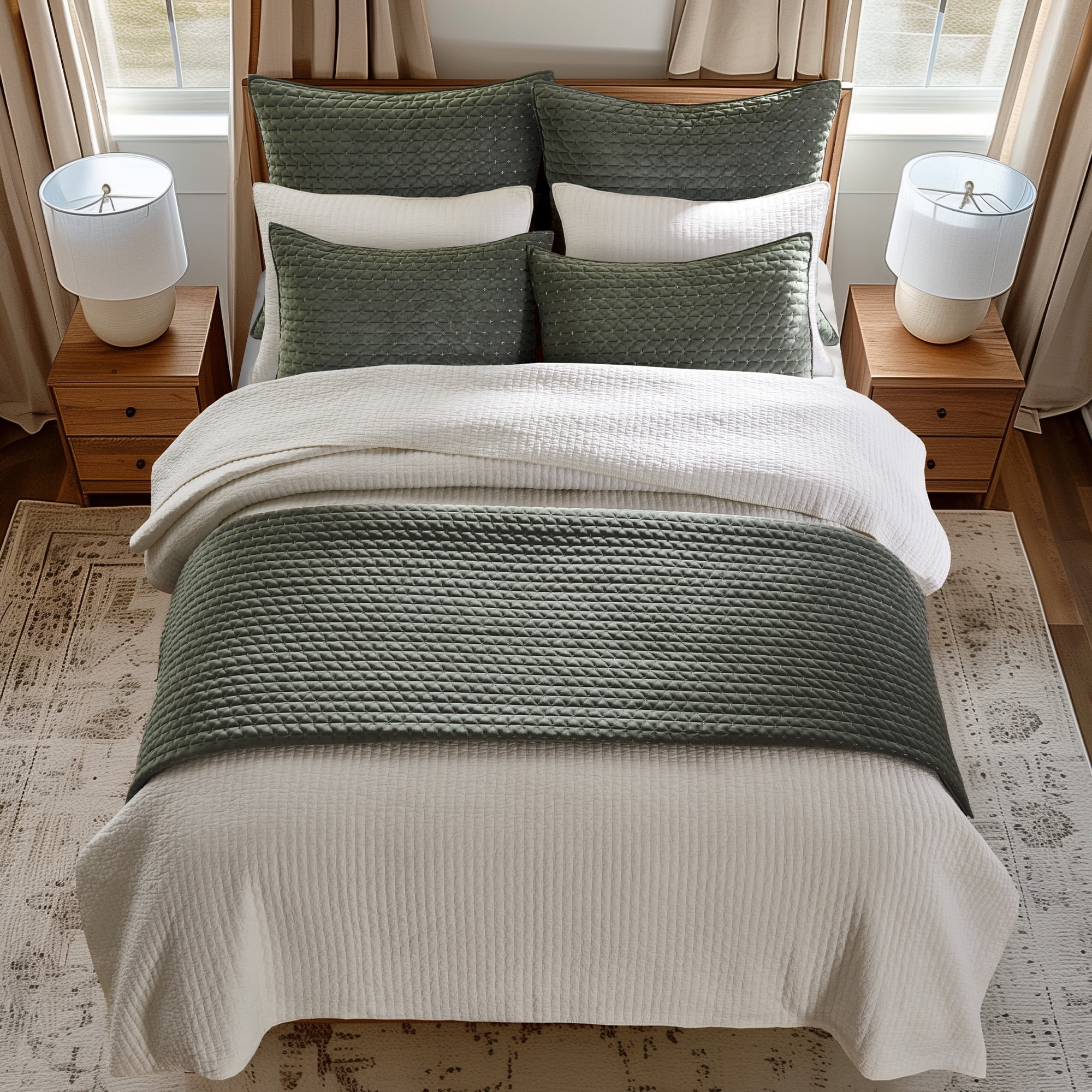 Levtex Home - Velvet Stitch Quilt Set - King Quilt and Two King Shams - Cross Stitch Velvet - Green with White - Quilt (106x92in.) and Shams (20x36in.) - Reversible - Polyester