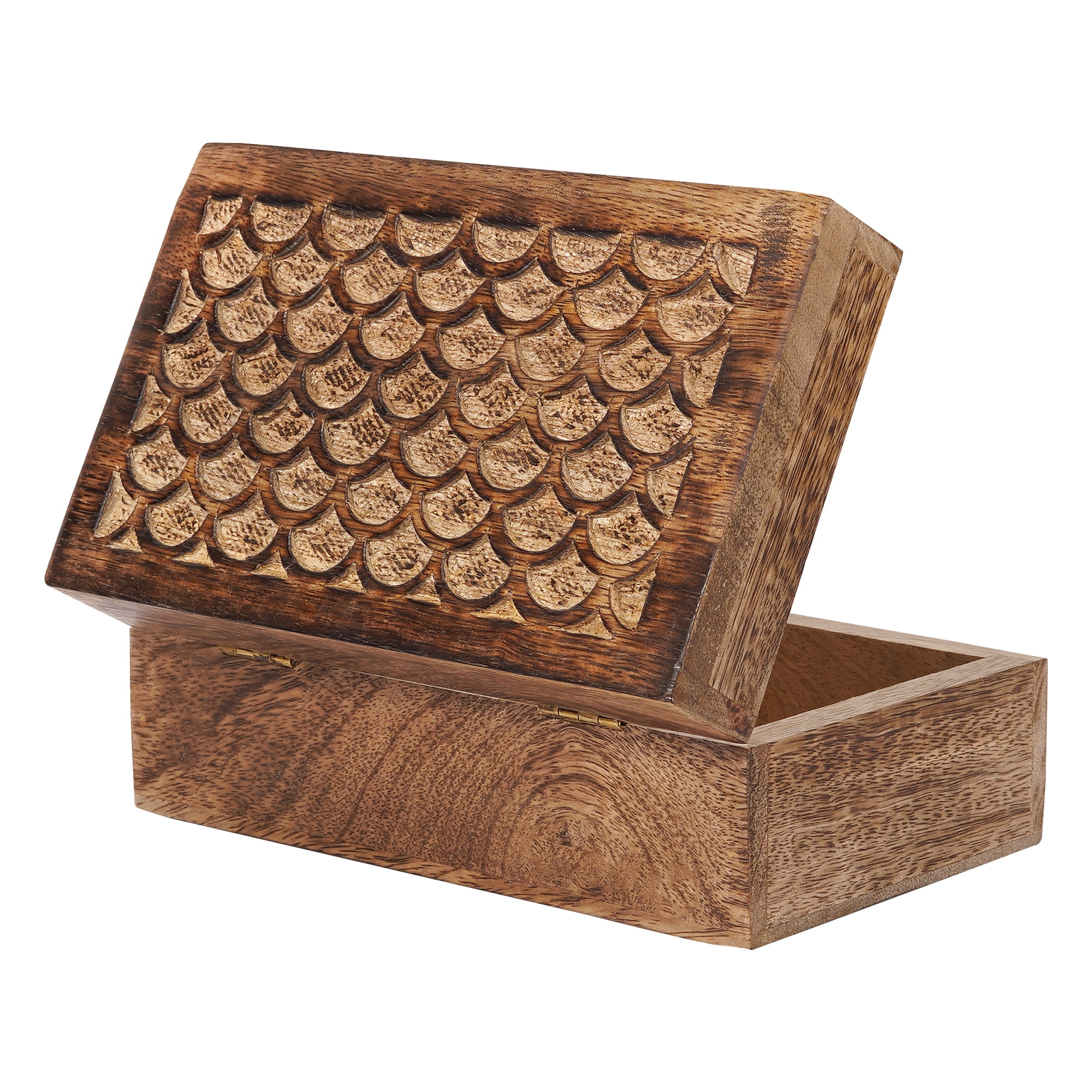 Carved Scallop Mango Wood Box with Lid, Medium Burnt Medium Wood Box, Handmade Decorative Box with Lid for Use As Memory Box, Keepsake Box, Photo Storage Box, and more, 7.5” x 4.5” x 3”