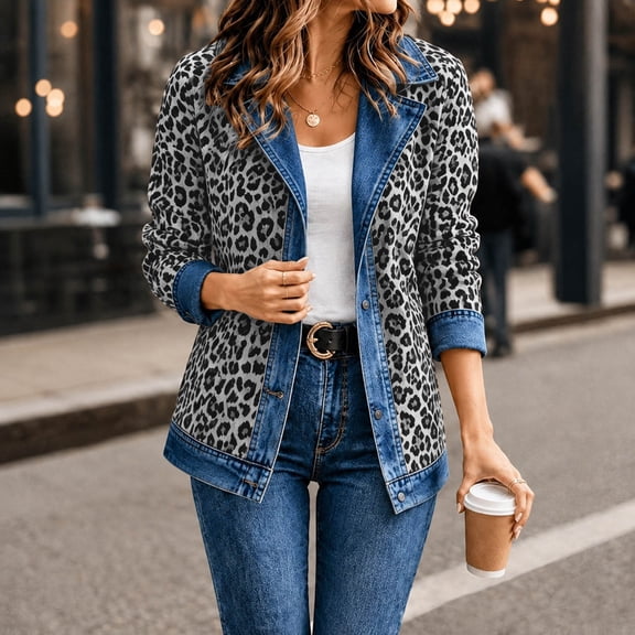 Women's Leopard Jean Jacket Long Sleeve Button Down Denim Jacket Coat with Pockets Women's Fall 2026 Outfits(Grey,XL)