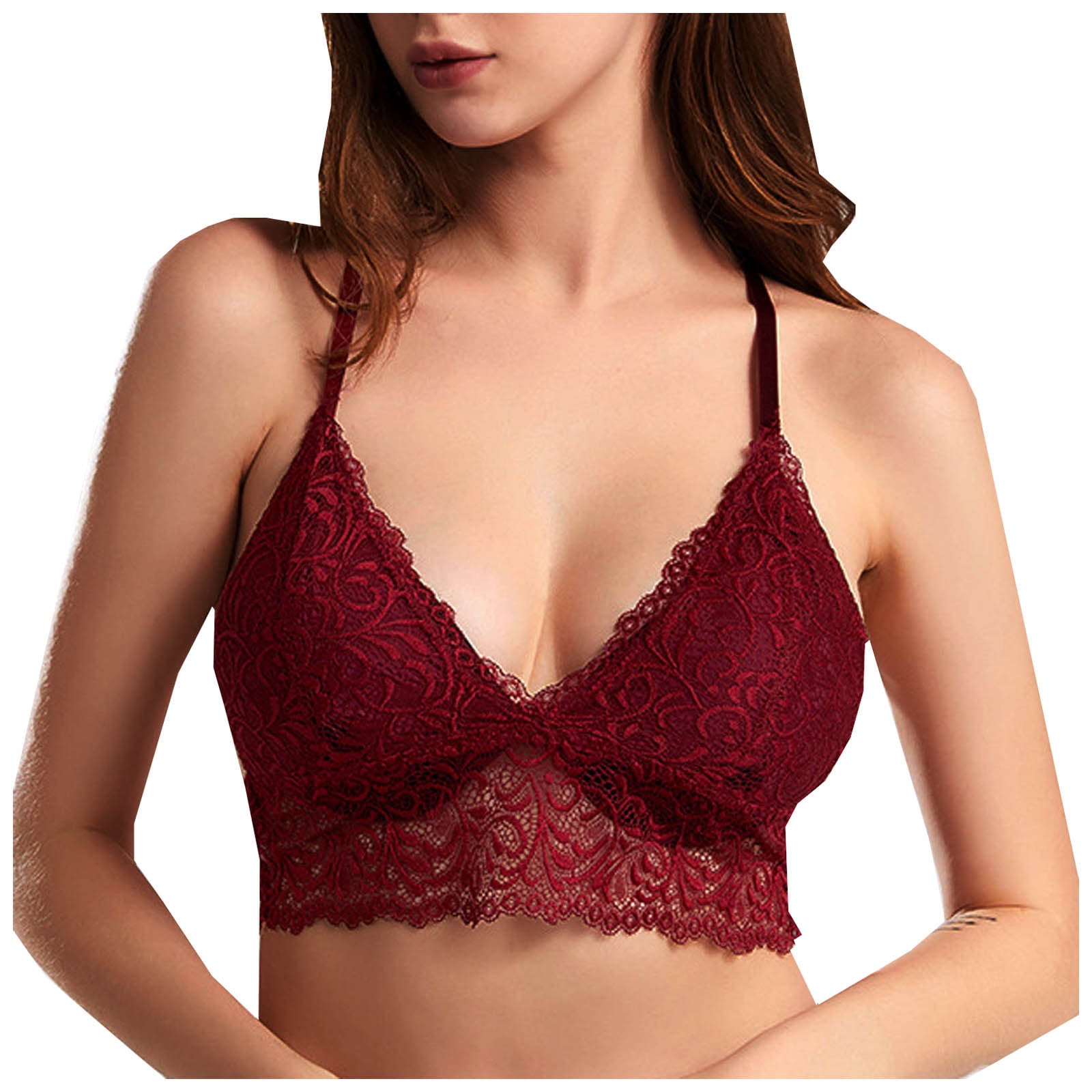 Knosfe Wireless Bra for Women Comfort Cami Lace Bralette Wine Red L 