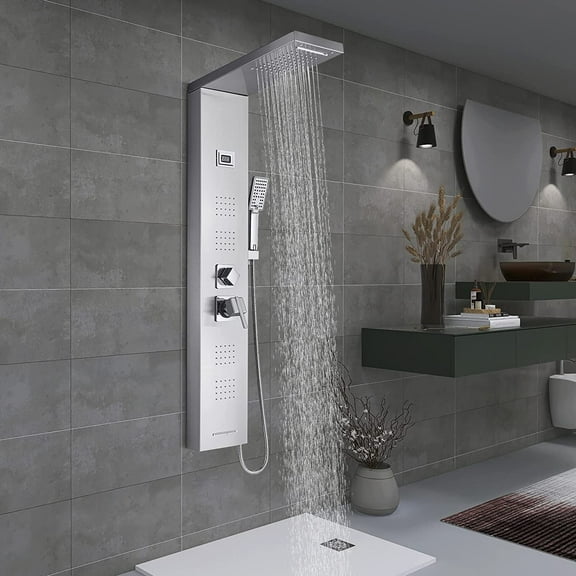 Zovajonia Shower Panel Tower System, Brushed Nickel 5- Function Shower Tower,Waterfall Showerhead, 4 Rain Body Massage Shower Jets,3-Mode Hand Shower Shower System