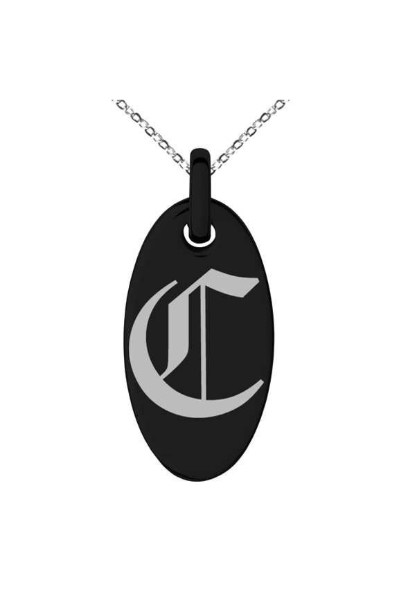 Stainless Steel Letter C Initial Old English Monogram Engraved Small Oval Charm Pendant Necklace