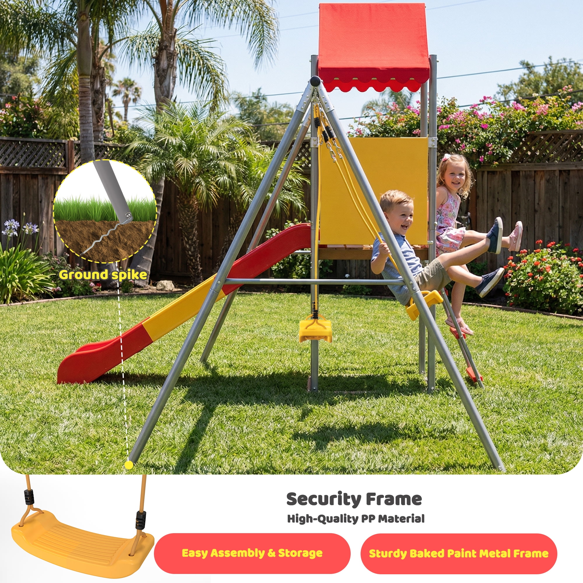 Leumius Metal Swing Sets for Backyard,Outdoor Playset with Slide,Heavy Duty Playground with 2 Swings,Durable Play Equipment with Canopy Roof, Flat-Step Ladder,Orange-Red