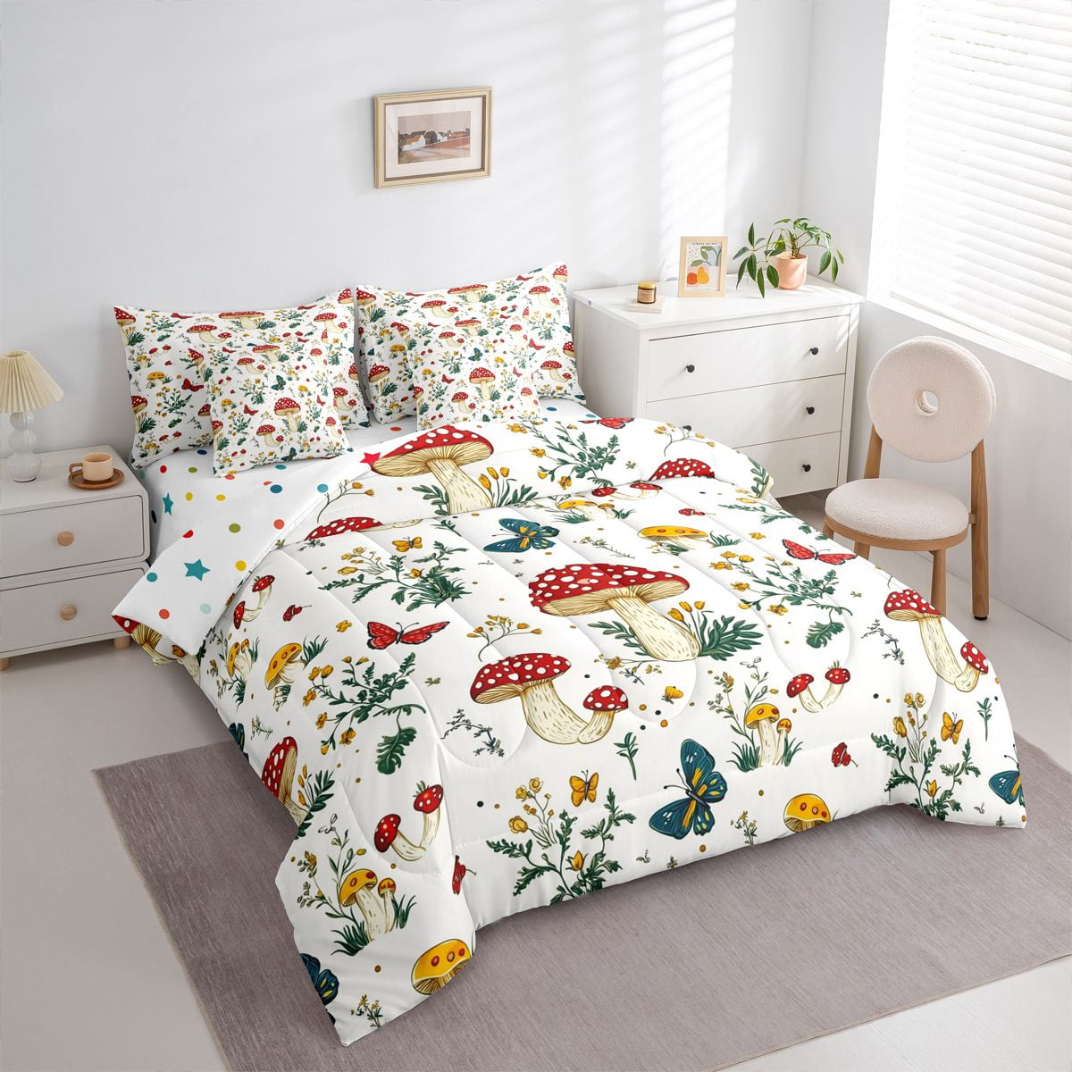 Homewish Cartoon Red Mushroom 7pcs Bedding Comforter Set For Kids Teens Female Girls,Flying Colorful Butterflies Queen Bedding Sets Super Cozy,Botanical Plants Queen Sheet Sets