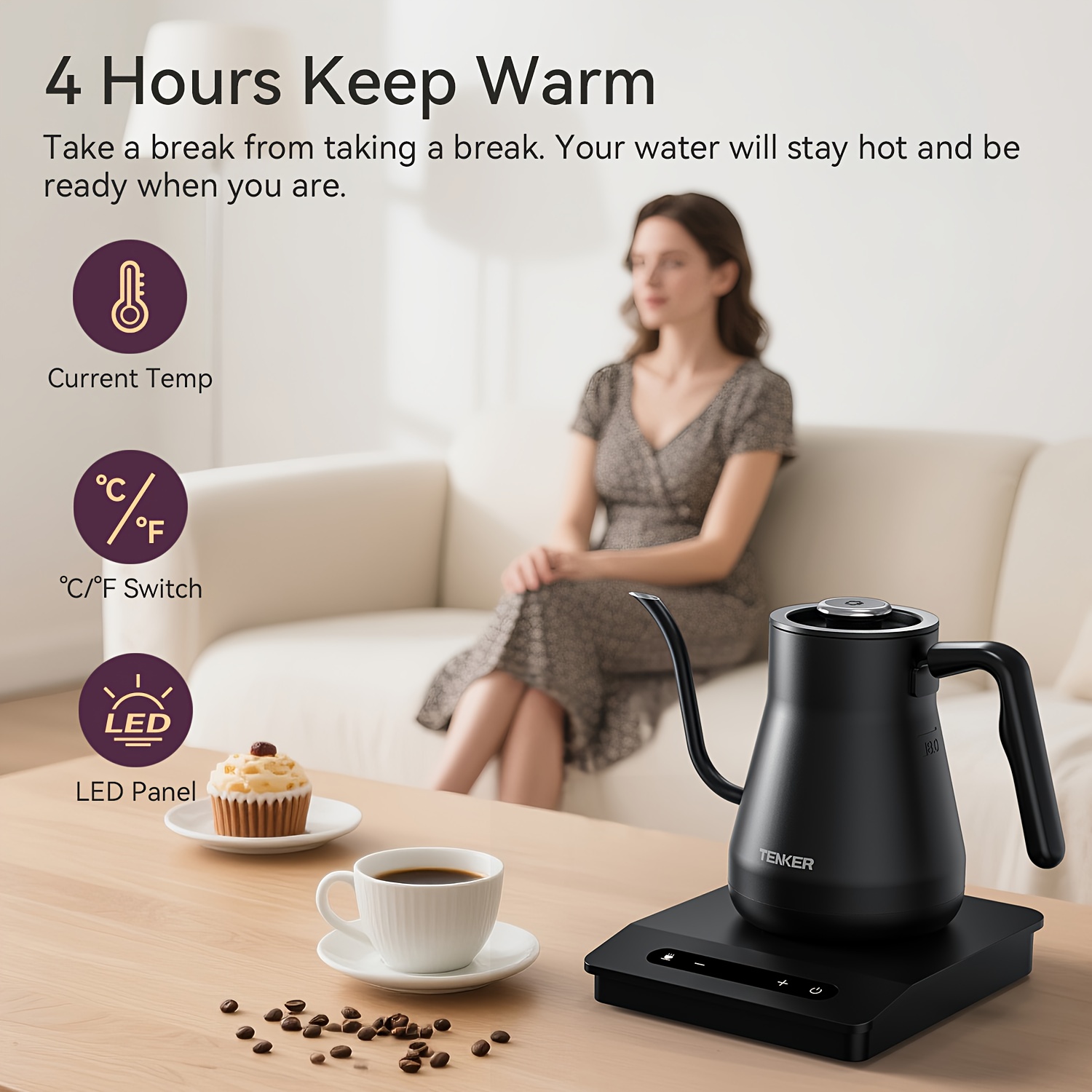 Electric Gooseneck Kettle with Temperature Control, 1200W 0.8L Fast Boil, Keep Warm & Auto Shut-Off, Boil-Dry Protection for Pour-Over Coffee and Tea, Black