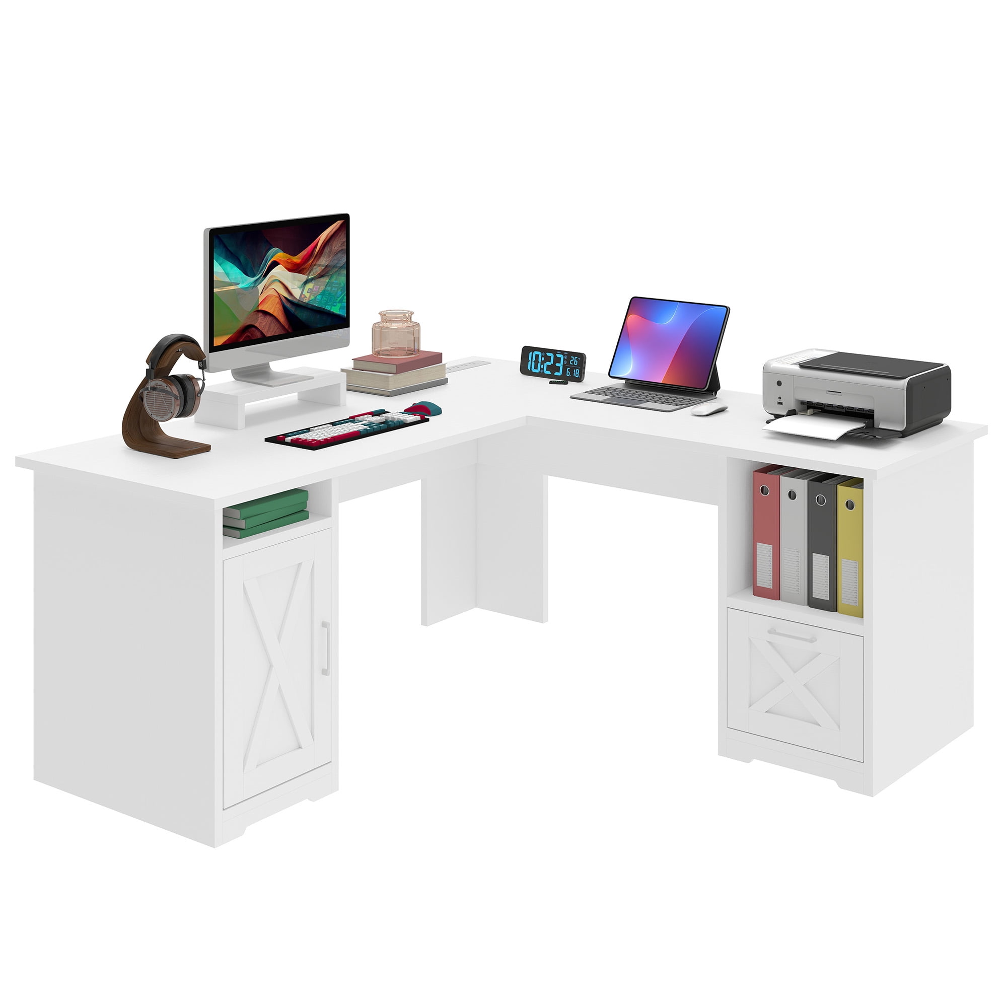 Uforic 59" L Shaped Desk with Power Outlets,Large Computer Desk with Drawers, Home Office Desk,White